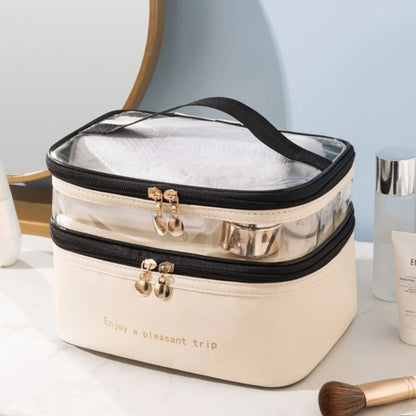 Large Travel Toiletry Cosmetic Bags Double Layer Portable PU Leather Makeup Bags Multifunctional Storage Pouch for Women