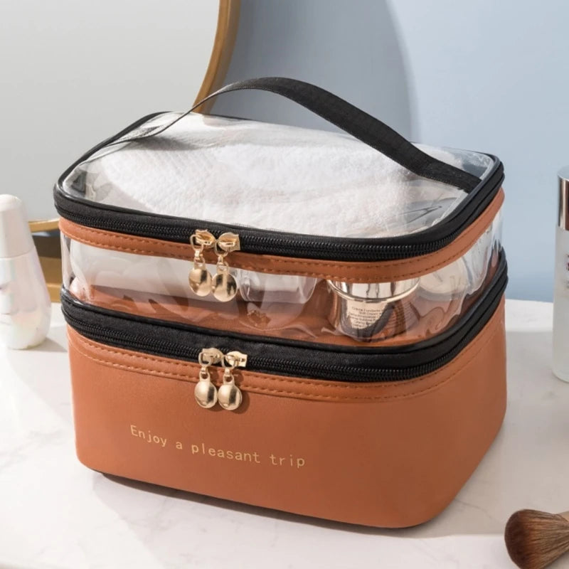 Large Travel Toiletry Cosmetic Bags Double Layer Portable PU Leather Makeup Bags Multifunctional Storage Pouch for Women