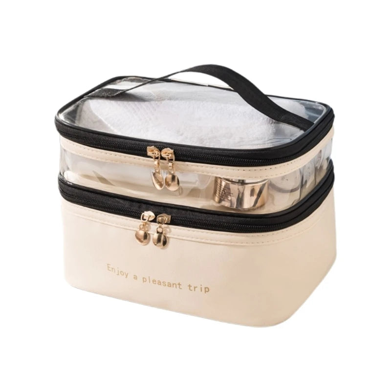 Large Travel Toiletry Cosmetic Bags Double Layer Portable PU Leather Makeup Bags Multifunctional Storage Pouch for Women