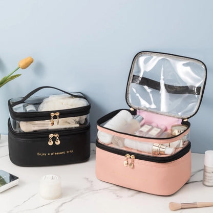 Large Travel Toiletry Cosmetic Bags Double Layer Portable PU Leather Makeup Bags Multifunctional Storage Pouch for Women