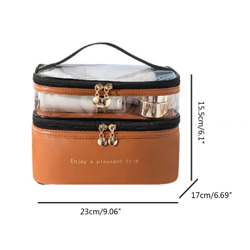 Large Travel Toiletry Cosmetic Bags Double Layer Portable PU Leather Makeup Bags Multifunctional Storage Pouch for Women
