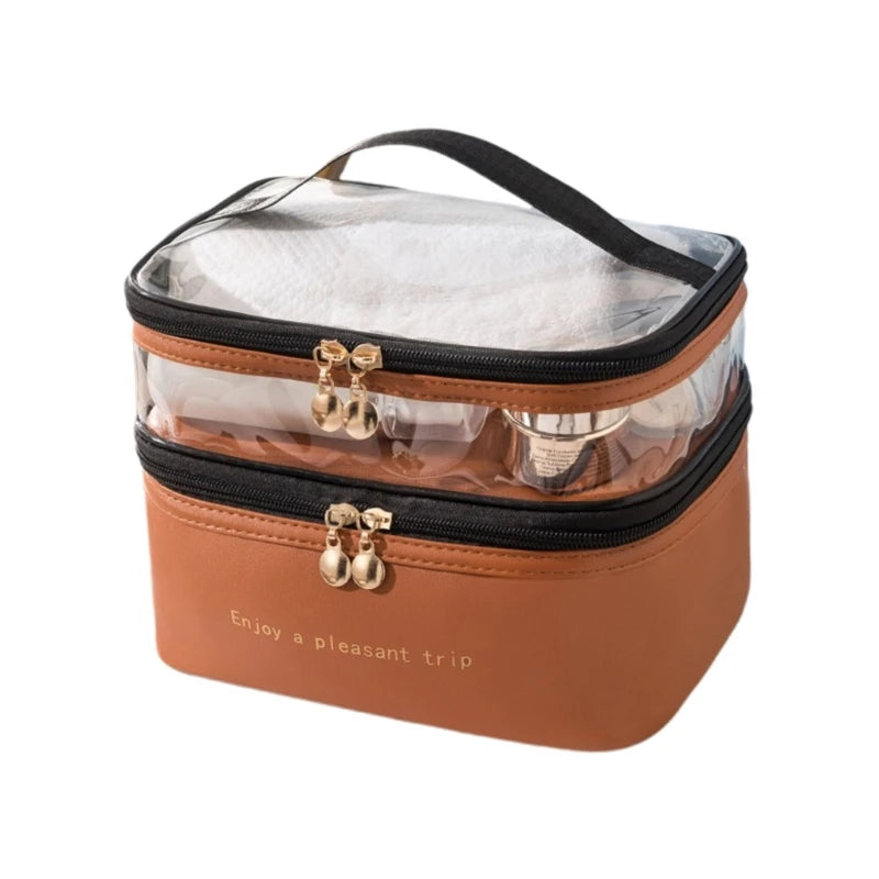Large Travel Toiletry Cosmetic Bags Double Layer Portable PU Leather Makeup Bags Multifunctional Storage Pouch for Women