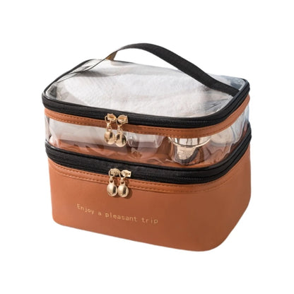 Large Travel Toiletry Cosmetic Bags Double Layer Portable PU Leather Makeup Bags Multifunctional Storage Pouch for Women