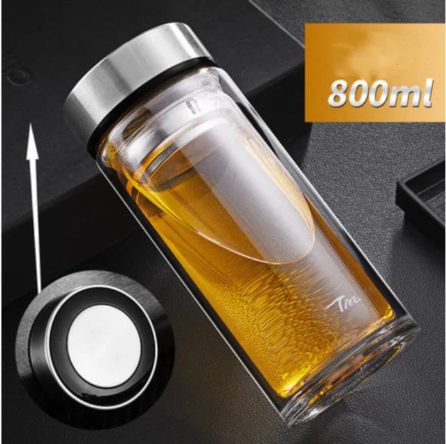 Large capacity 1000ml glass water bottle Double-layer glass heat-resistant water cup With tea drain filter Outdoor kettle