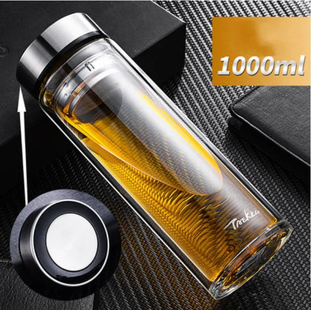 Large capacity 1000ml glass water bottle Double-layer glass heat-resistant water cup With tea drain filter Outdoor kettle