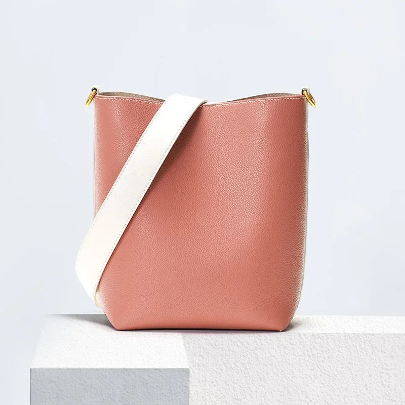 Large-capacity Bag Women's Niche Bucket Bag Fashionable Contrast Genuine Leather Cross-body Wide Shoulder Strap Tote Bag Luxury