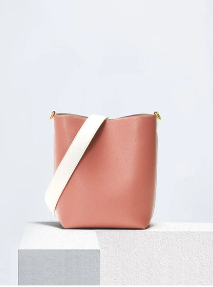 Large-capacity Bag Women's Niche Bucket Bag Fashionable Contrast Genuine Leather Cross-body Wide Shoulder Strap Tote Bag Luxury