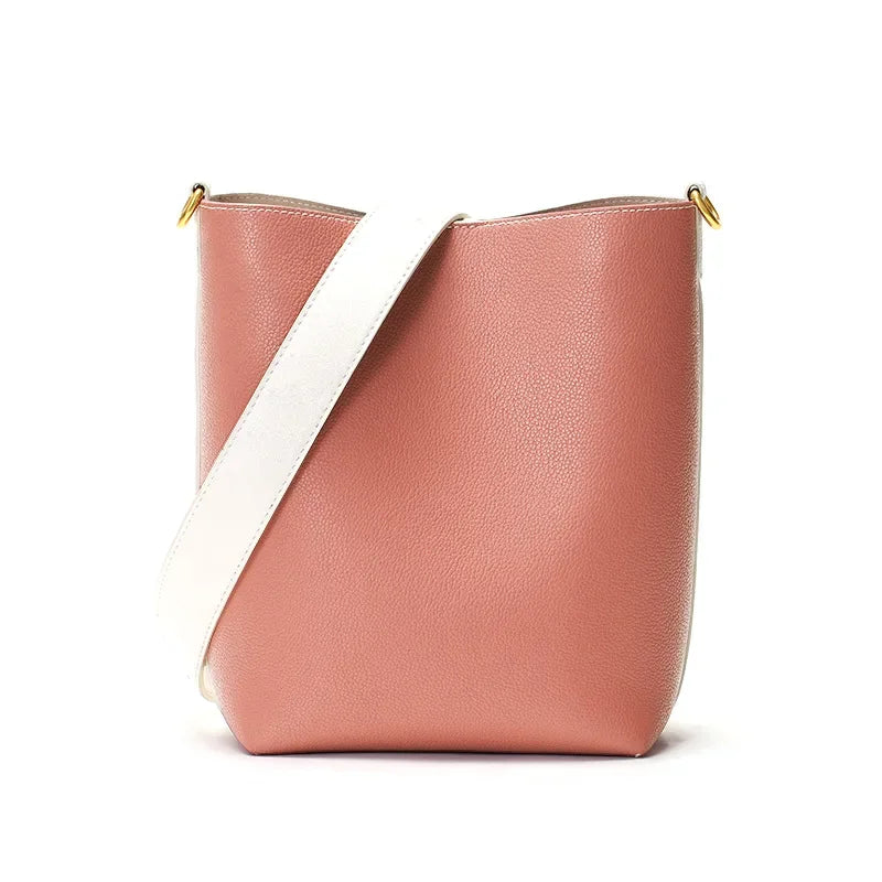 Large-capacity Bag Women's Niche Bucket Bag Fashionable Contrast Genuine Leather Cross-body Wide Shoulder Strap Tote Bag Luxury