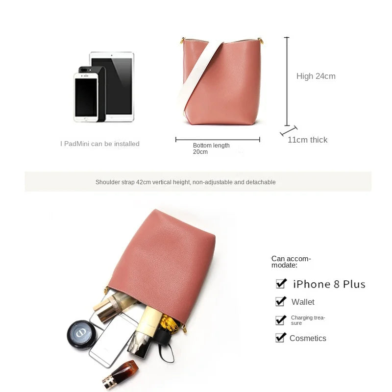 Large-capacity Bag Women's Niche Bucket Bag Fashionable Contrast Genuine Leather Cross-body Wide Shoulder Strap Tote Bag Luxury