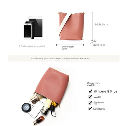 Large-capacity Bag Women's Niche Bucket Bag Fashionable Contrast Genuine Leather Cross-body Wide Shoulder Strap Tote Bag Luxury