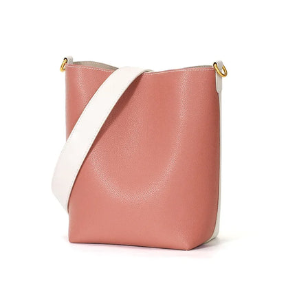 Large-capacity Bag Women's Niche Bucket Bag Fashionable Contrast Genuine Leather Cross-body Wide Shoulder Strap Tote Bag Luxury