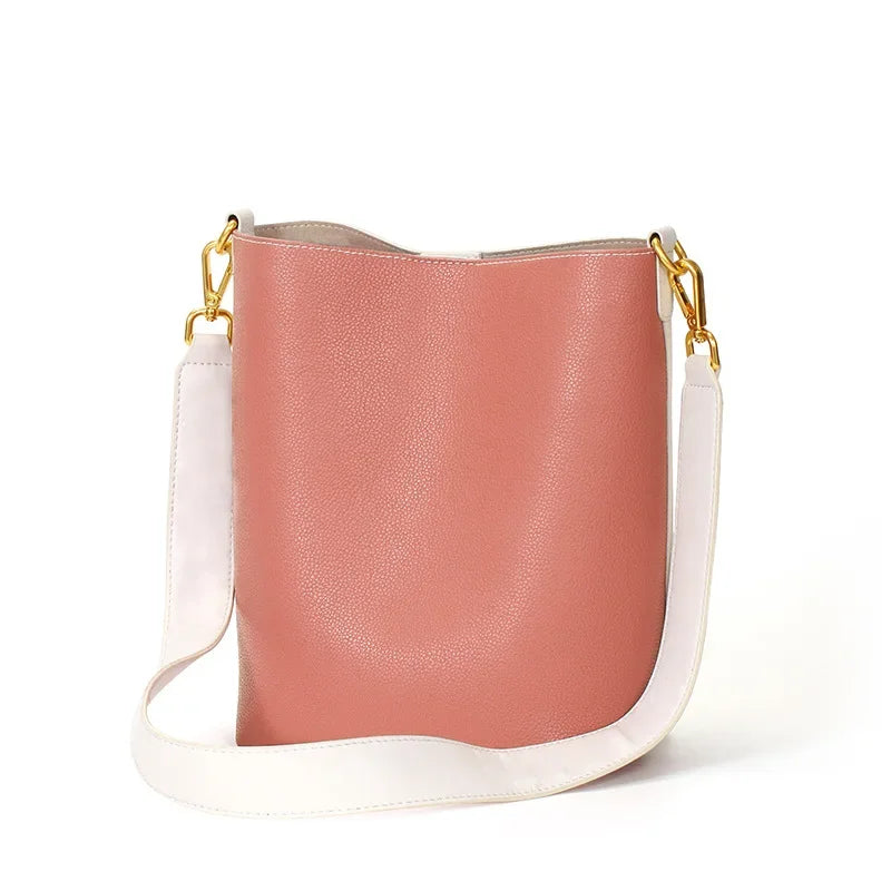 Large-capacity Bag Women's Niche Bucket Bag Fashionable Contrast Genuine Leather Cross-body Wide Shoulder Strap Tote Bag Luxury