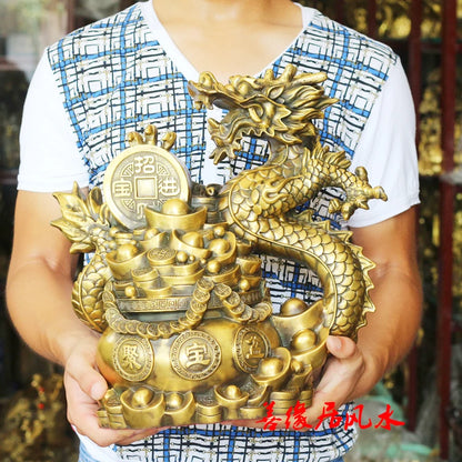 Large company shop home  Mascot Talisman Protection bring wealth fortune Dragon GOLD CHINESE FENG SHUI Brass statue