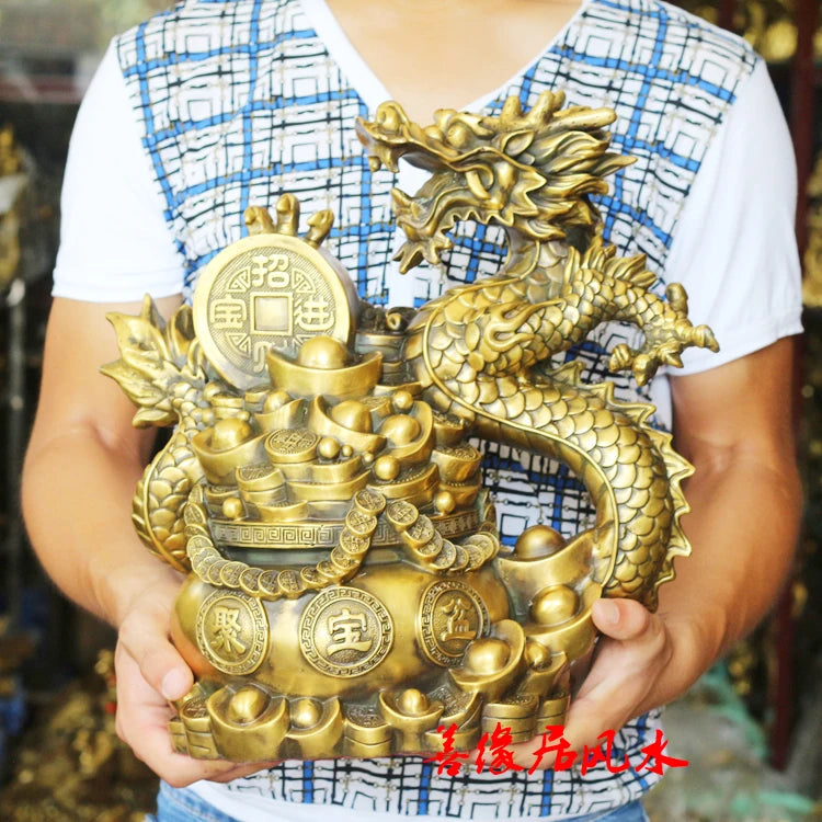 Large company shop home  Mascot Talisman Protection bring wealth fortune Dragon GOLD CHINESE FENG SHUI Brass statue