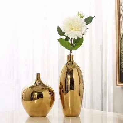 Large gold ceramic vase European style simple modern table flower living room decoration Dracaena sanderiana flower arrangement