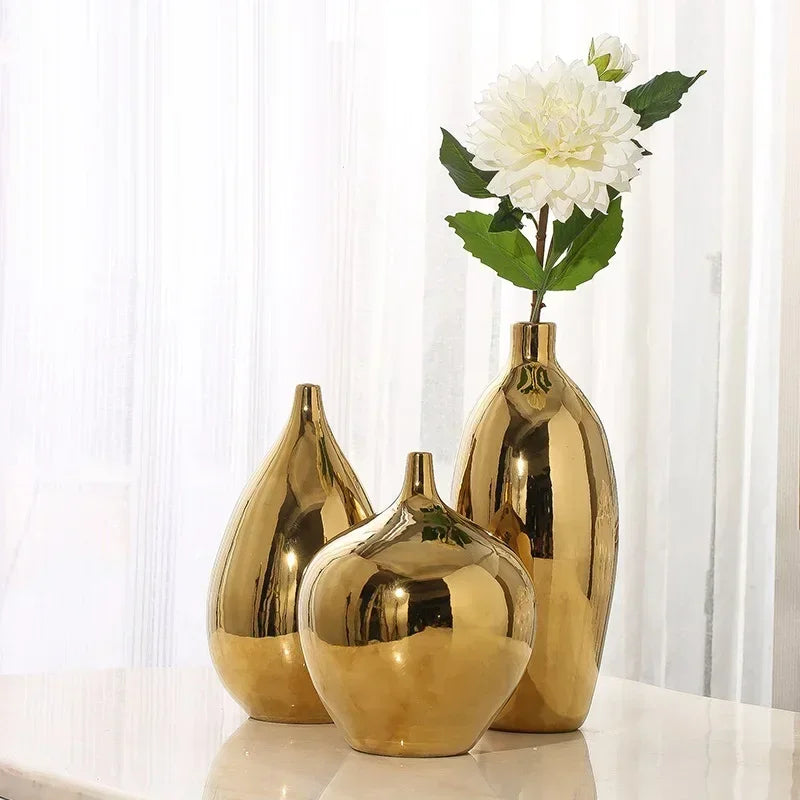 Large gold ceramic vase European style simple modern table flower living room decoration Dracaena sanderiana flower arrangement
