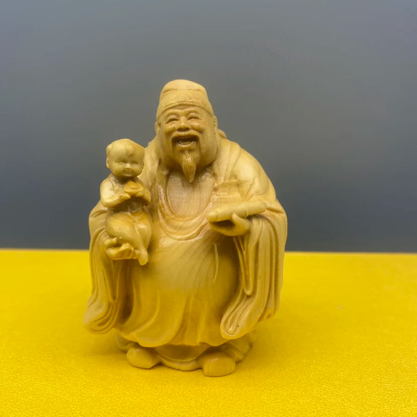 Large leaf boxwood carving, fortune, fortune, longevity, and solid wood character cartoon handlebars, home entrance decorations