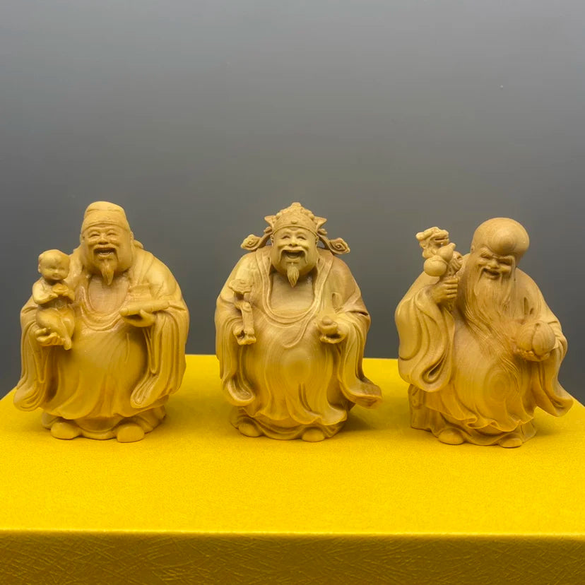 Large leaf boxwood carving, fortune, fortune, longevity, and solid wood character cartoon handlebars, home entrance decorations