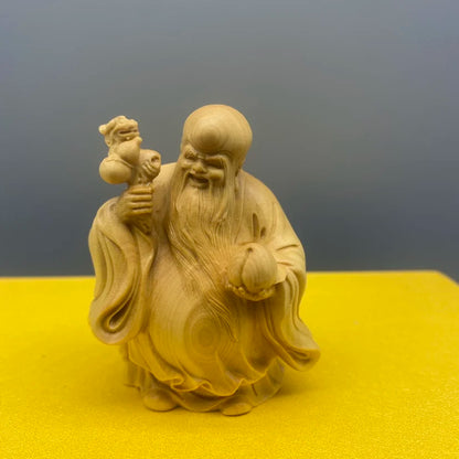 Large leaf boxwood carving, fortune, fortune, longevity, and solid wood character cartoon handlebars, home entrance decorations
