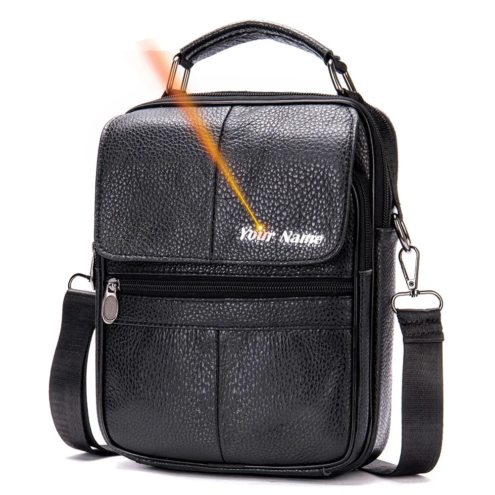 Laser Engrave Genuine Leather Men Message Shoulder Bags Handbag Zipper Travel Business Office Student Crossbody Bag