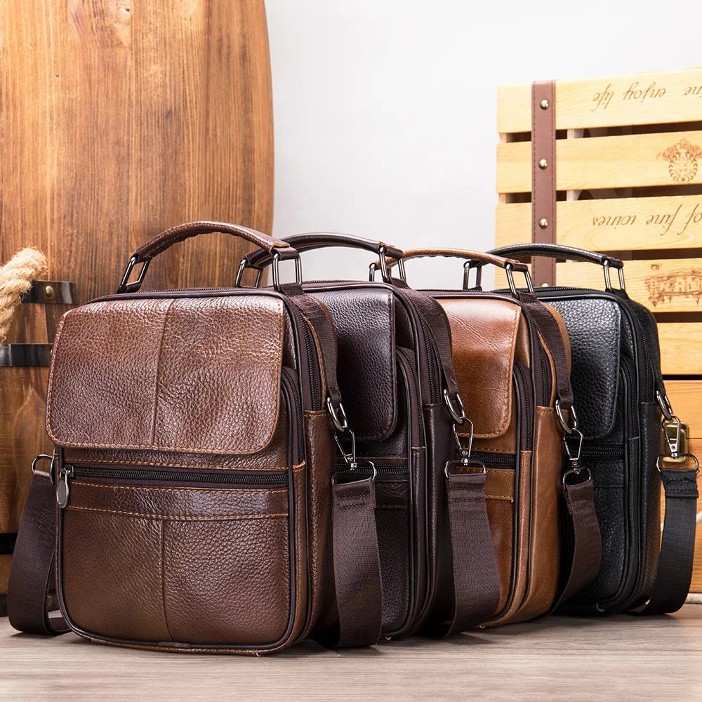 Laser Engrave Genuine Leather Men Message Shoulder Bags Handbag Zipper Travel Business Office Student Crossbody Bag