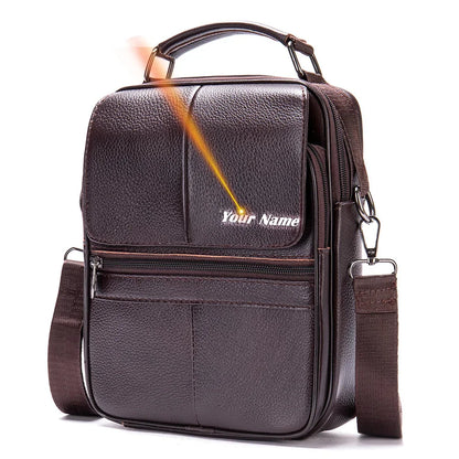 Laser Engrave Genuine Leather Men Message Shoulder Bags Handbag Zipper Travel Business Office Student Crossbody Bag