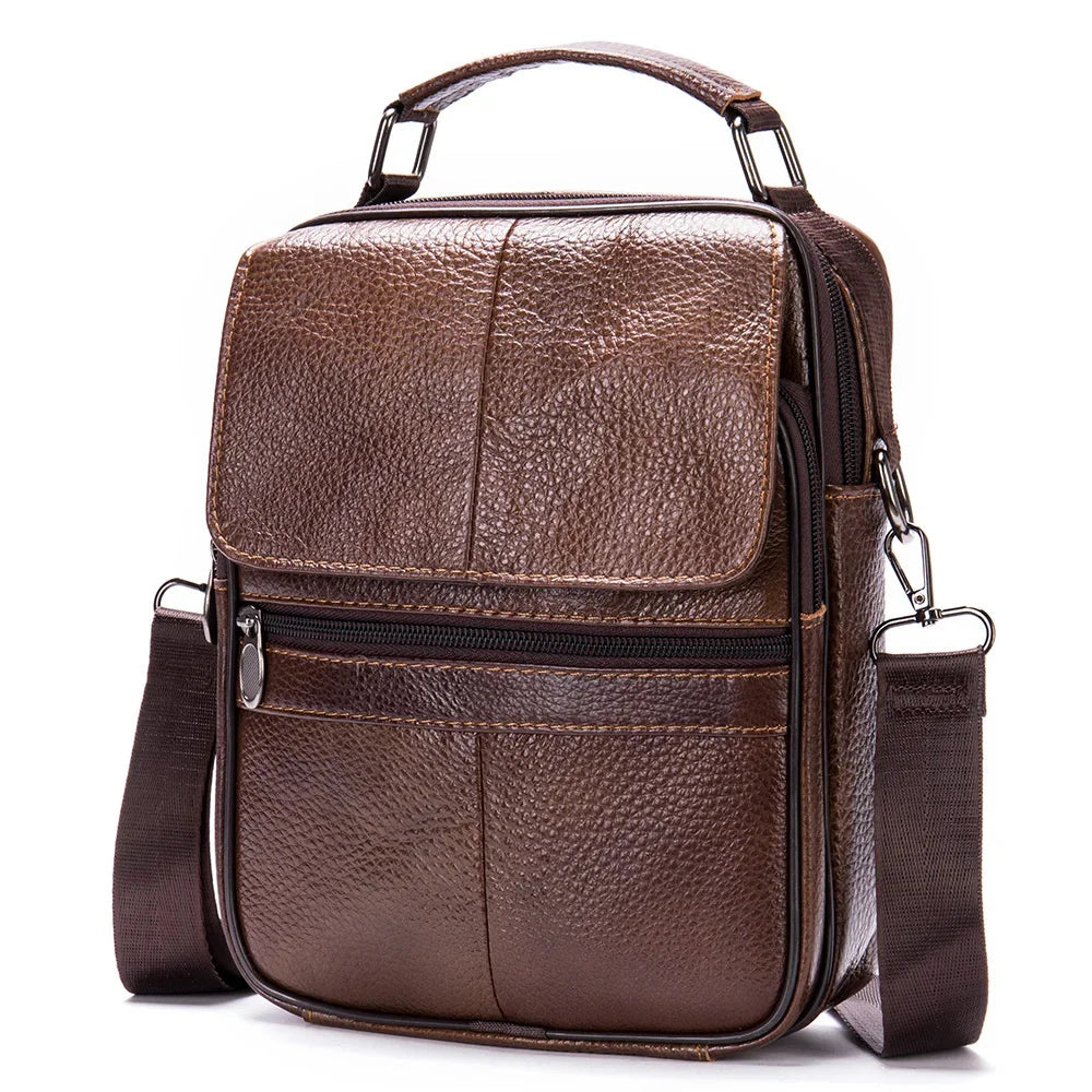 Laser Engrave Genuine Leather Men Message Shoulder Bags Handbag Zipper Travel Business Office Student Crossbody Bag