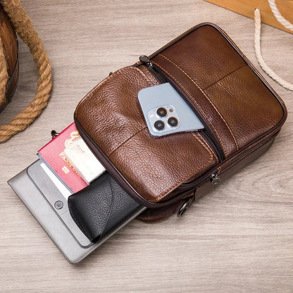 Laser Engrave Genuine Leather Men Message Shoulder Bags Handbag Zipper Travel Business Office Student Crossbody Bag