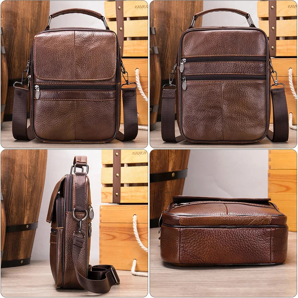 Laser Engrave Genuine Leather Men Message Shoulder Bags Handbag Zipper Travel Business Office Student Crossbody Bag