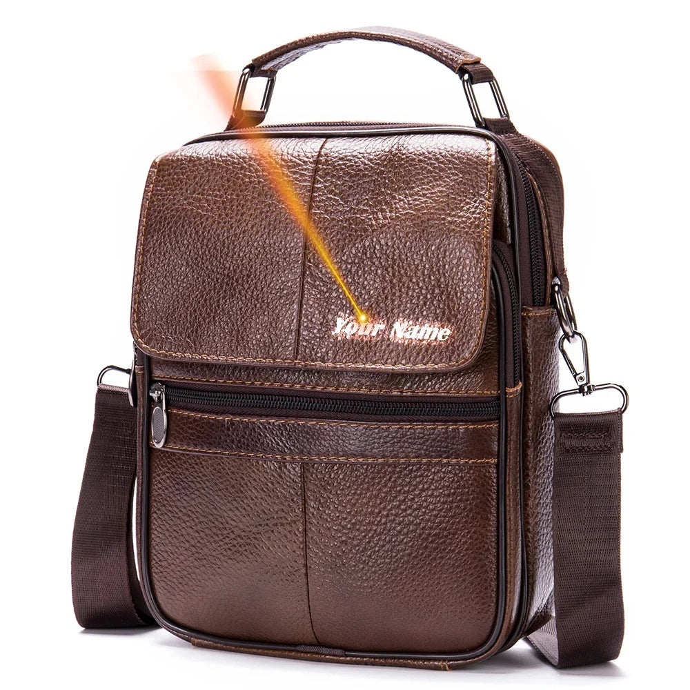 Laser Engrave Genuine Leather Men Message Shoulder Bags Handbag Zipper Travel Business Office Student Crossbody Bag