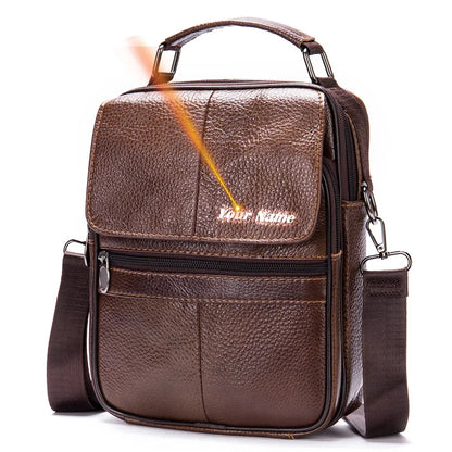 Laser Engrave Genuine Leather Men Message Shoulder Bags Handbag Zipper Travel Business Office Student Crossbody Bag
