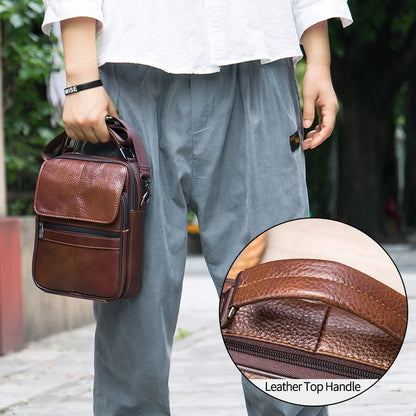 Laser Engrave Genuine Leather Men Message Shoulder Bags Handbag Zipper Travel Business Office Student Crossbody Bag
