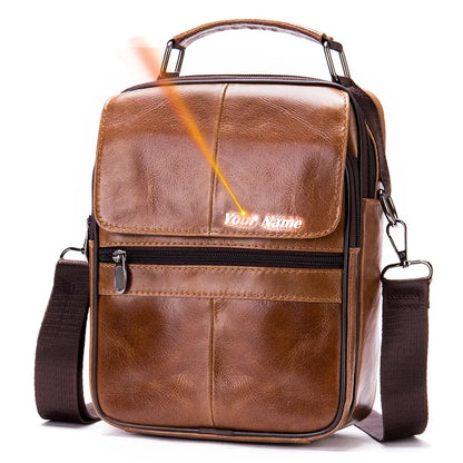 Laser Engrave Genuine Leather Men Message Shoulder Bags Handbag Zipper Travel Business Office Student Crossbody Bag