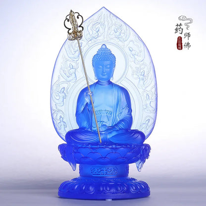 Latest blue glazed back plate  Herbalist Buddha  Ornaments  Light Tathagata  Lotus base  Home worship  Buddha hall decoration  t
