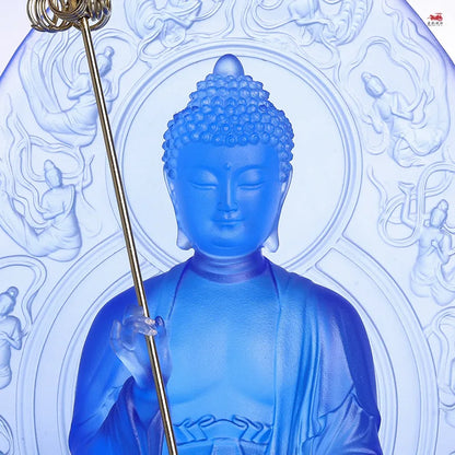 Latest blue glazed back plate  Herbalist Buddha  Ornaments  Light Tathagata  Lotus base  Home worship  Buddha hall decoration  t