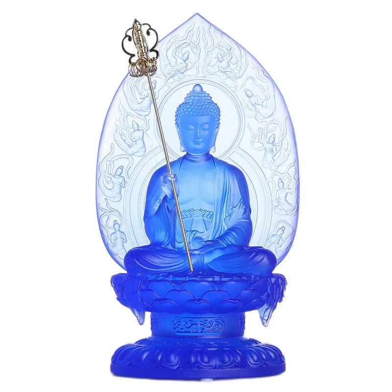 Latest blue glazed back plate  Herbalist Buddha  Ornaments  Light Tathagata  Lotus base  Home worship  Buddha hall decoration  t