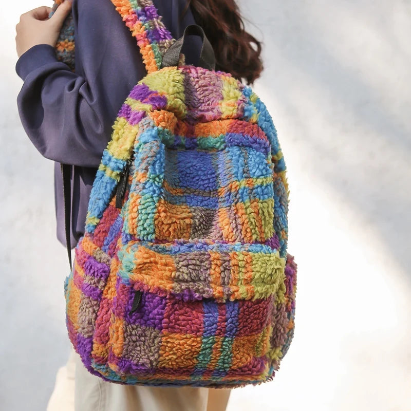 Latticed Faux Fur Cute Furry Bag Color Contrast Teddy Plush Women Backpack NEW 2024 Winter School Bags for Teenage Girl