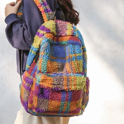 Latticed Faux Fur Cute Furry Bag Color Contrast Teddy Plush Women Backpack NEW 2024 Winter School Bags for Teenage Girl