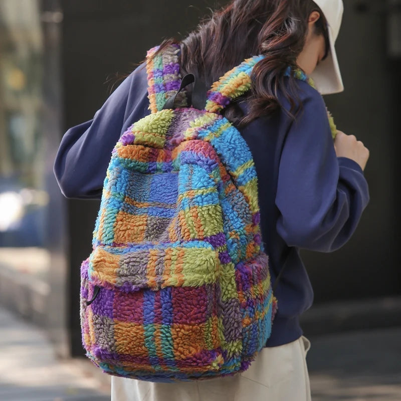 Latticed Faux Fur Cute Furry Bag Color Contrast Teddy Plush Women Backpack NEW 2024 Winter School Bags for Teenage Girl