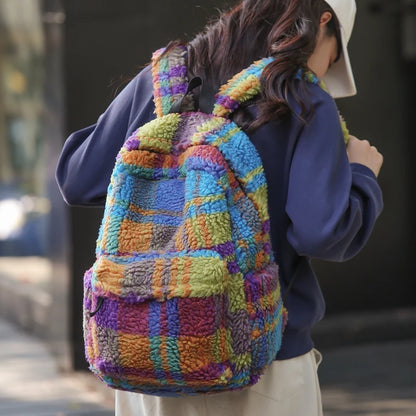 Latticed Faux Fur Cute Furry Bag Color Contrast Teddy Plush Women Backpack NEW 2024 Winter School Bags for Teenage Girl