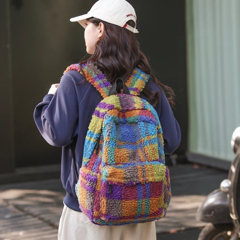Latticed Faux Fur Cute Furry Bag Color Contrast Teddy Plush Women Backpack NEW 2024 Winter School Bags for Teenage Girl