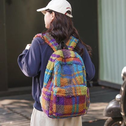 Latticed Faux Fur Cute Furry Bag Color Contrast Teddy Plush Women Backpack NEW 2024 Winter School Bags for Teenage Girl
