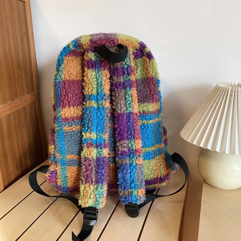 Latticed Faux Fur Cute Furry Bag Color Contrast Teddy Plush Women Backpack NEW 2024 Winter School Bags for Teenage Girl