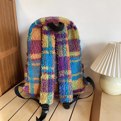 Latticed Faux Fur Cute Furry Bag Color Contrast Teddy Plush Women Backpack NEW 2024 Winter School Bags for Teenage Girl