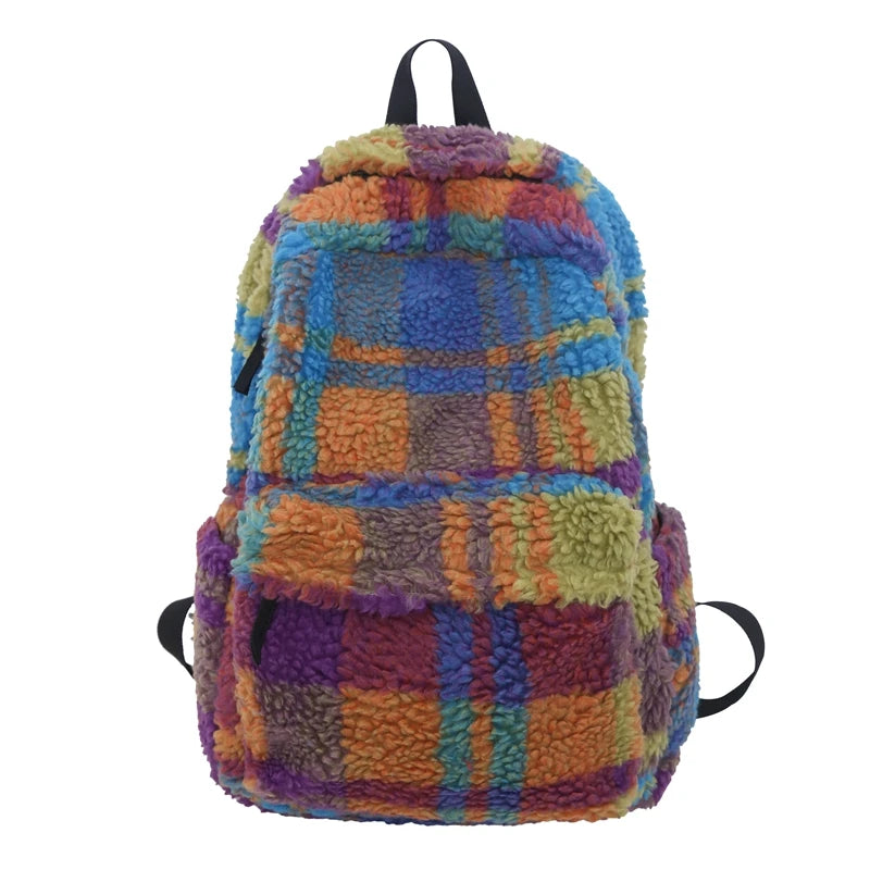 Latticed Faux Fur Cute Furry Bag Color Contrast Teddy Plush Women Backpack NEW 2024 Winter School Bags for Teenage Girl