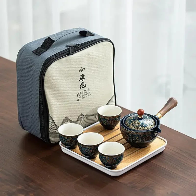 Lazy People Make Tea God Automatic Travel Tea Set Ceramic Kung Fu Tea Set Portable Tray Storage Bag Gift