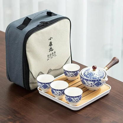 Lazy People Make Tea God Automatic Travel Tea Set Ceramic Kung Fu Tea Set Portable Tray Storage Bag Gift