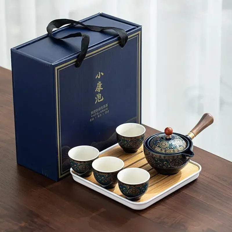 Lazy People Make Tea God Automatic Travel Tea Set Ceramic Kung Fu Tea Set Portable Tray Storage Bag Gift