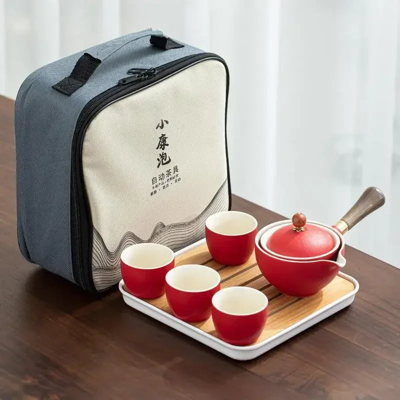 Lazy People Make Tea God Automatic Travel Tea Set Ceramic Kung Fu Tea Set Portable Tray Storage Bag Gift
