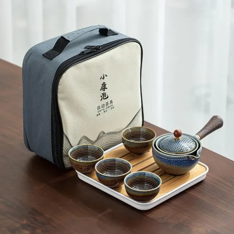 Lazy People Make Tea God Automatic Travel Tea Set Ceramic Kung Fu Tea Set Portable Tray Storage Bag Gift
